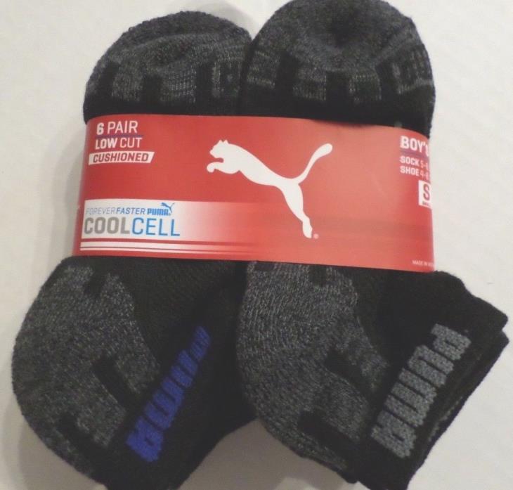 Puma Boys 6Pr Low Cut CoolCell Cushioned Moist Control Socks Black/Blue Sz 5-6.5