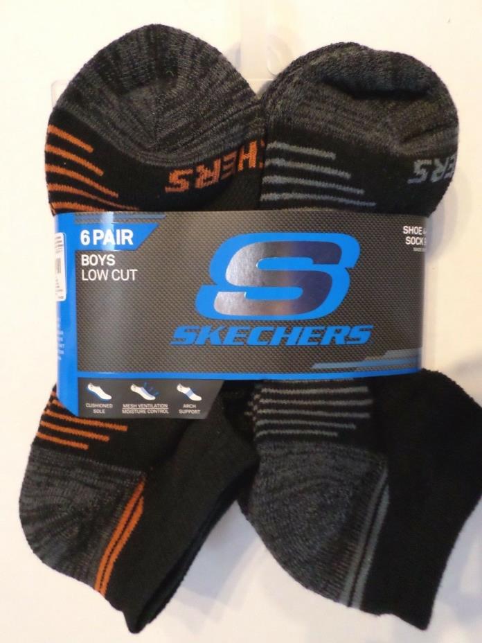 Skechers Boys Low Cut Socks 6Pr Shoe Size 4-9.5 Sock Size 9-11 Black/Gray/Orange