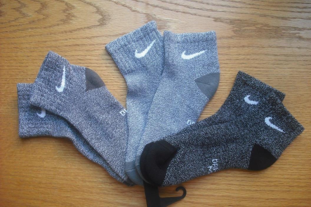 Boys NIKE NWT Quarter Ankle Socks 3prs Gray Fleck DRI-FIT Cushioned Ages 8-11