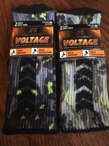 New Boys Russell Voltage Lot Of 6 Pairs Crew Socks Arch Support Mesh Size 9-2.5