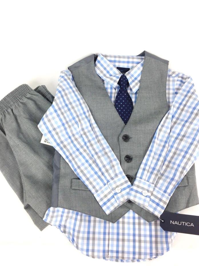 NWT Nautica Boys Vest 4 Pc Dress Suit Set Gray Blue 3T $59 Vest Dress Pants Tie