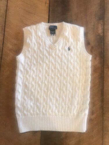 Ralph Lauren Polo Boys Size M 10-12 Sweater Vest White With Navy Polo