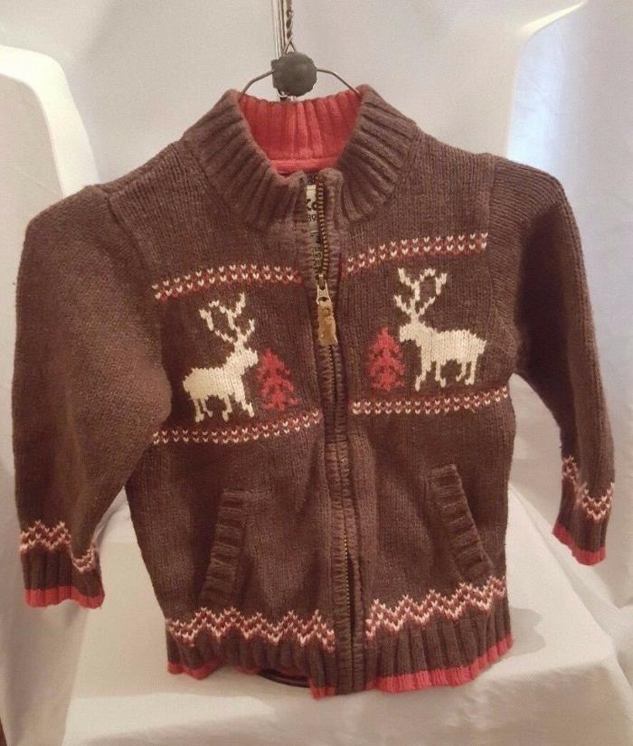 Oshkosh A Kid's Work Is Play Brown Zip Sweater Deer Pine Trees 2 Pockets Size 5