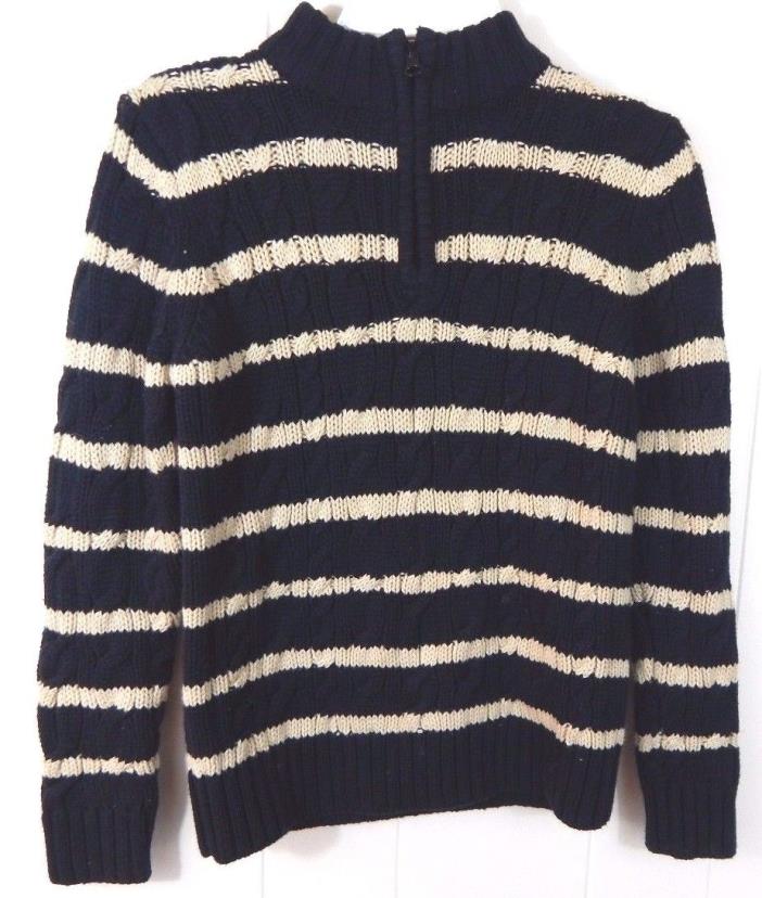 Hanna Andersson Boys 130 8 Sweater 1/4 Zip Cable Knit Beige Black Stripe EUC