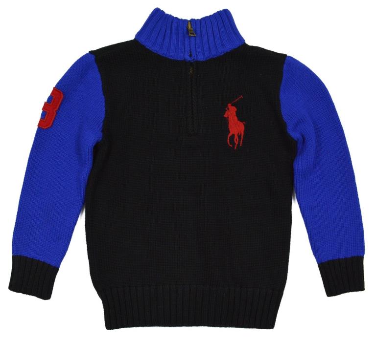 Polo by Ralph Lauren 7231 NEW Boy Sz 6 Black & Blue 1/3 Zip Pullover Sweater $65