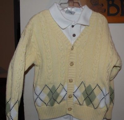Boy's KITESTRINGS sz 7 Yellow Argyle Cable Knit Cardigan and White Polo Shirt