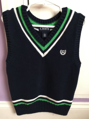 Chaps Sweater Vest Boy 5 Navy Green White Holiday Portrait Preppy