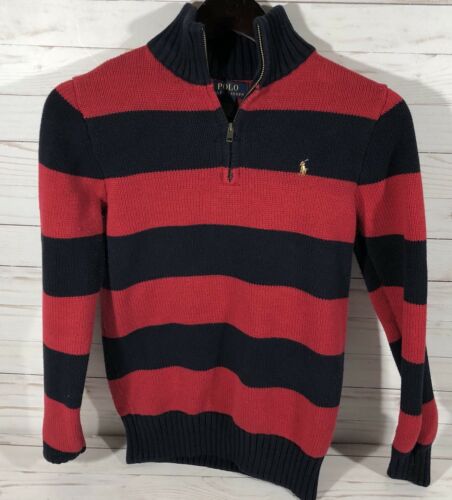 POLO  BOYS Knit Sweater Cotton 1/4 zip  L 14/16 STRIPE RED NAVY BLUE COLOR PONY