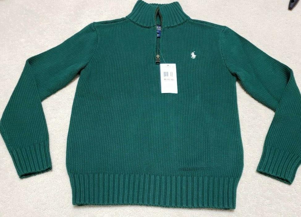 NWT-Boy's Ralph Lauren Green Quarter Zip Cotton Sweater, Medium 10-12