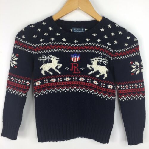 Polo Ralph Lauren Sweater Boys Size 6 Navy Red Nordic Reindeer Cotton Wool