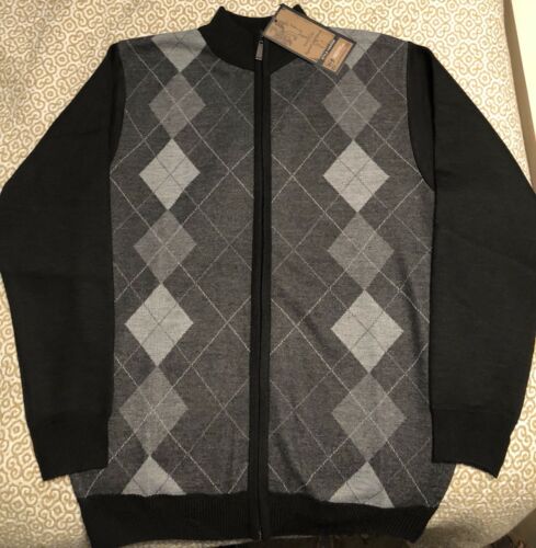 American Legend Boys Size 14/16 XL Cardigan Sweater Black Argyle Zip Front $37