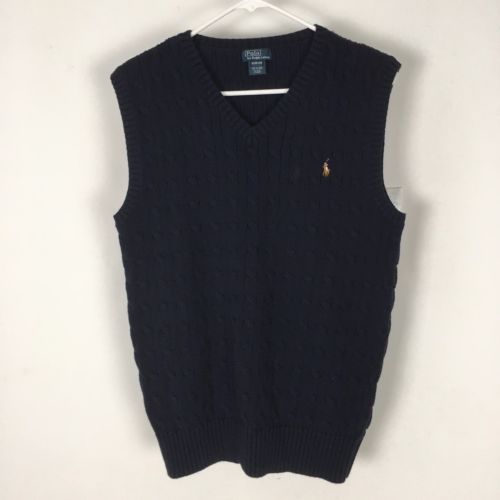 Polo Ralph Lauren Navy Blue Sweater Vest Boys XL 18-20 Cable Knit Cotton