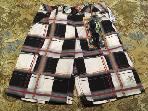 NWT Boys Zero Exposur Black/Red Boys Board Shorts/Swimsuit with Free Goggles (M)