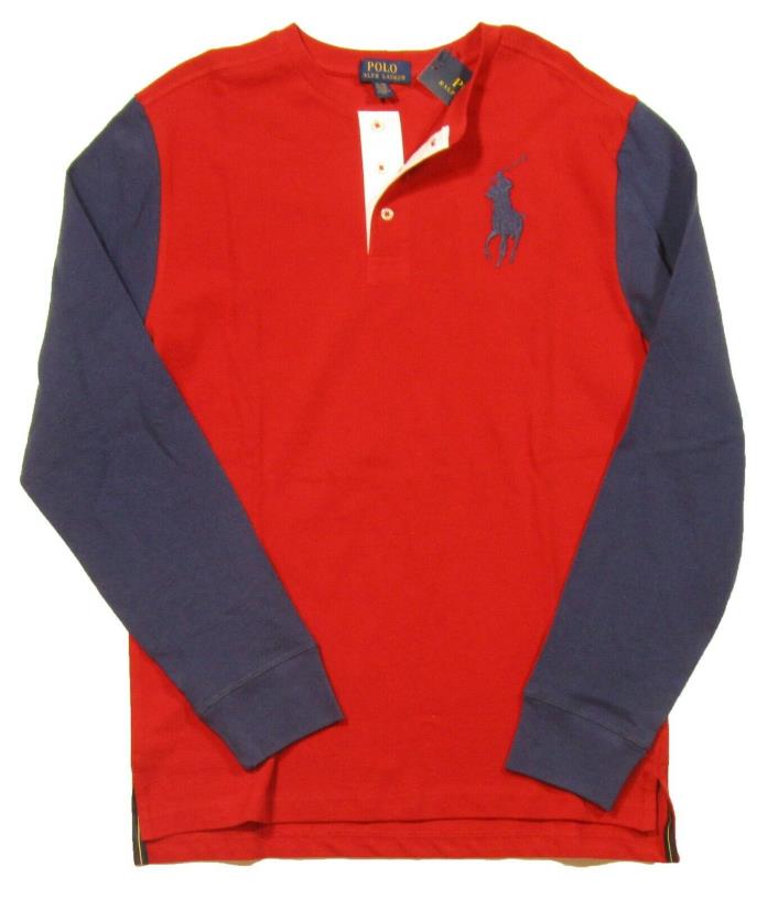 Polo Ralph Lauren Boys Faded Red Big Pony Colorblock Mesh Cotton Henley Shirt