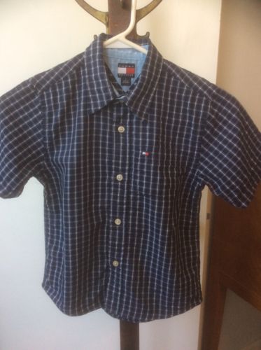 Boys Tommy Hilfiger Short Sleeve Navy Blue Plaid Button Up Dress Shirt Size 7