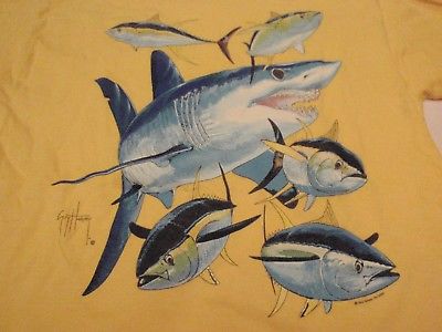 Guy Harvey Yellow Long Sleeve Shirt Boys Large Mako Shark and Tuna