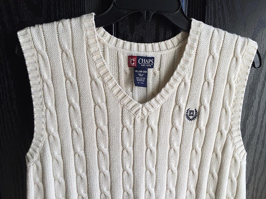 Chaps Sweater Vest Boys X Large (18-20) Ivory White V-Neck Cable Knit Top XL EUC