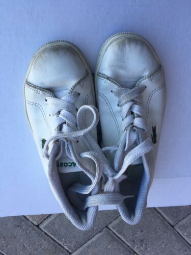 LaCoste Sport Kids Unisex Sz 12 White Leather Sneakers Shoes Alligator Logo Used