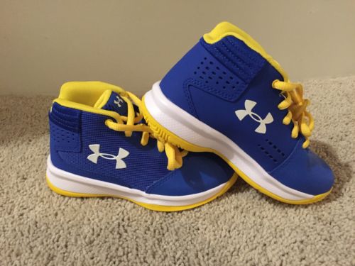 Boys Size 12k Basketball Shoes Under Armour 1296010-400 Blue/Yellow/White Nib