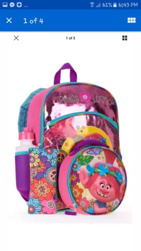 NEW Peace Love Trolls 5-Piece Backpack, Lunch Bag, pencil case, water Bottle