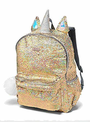 NWT Justice School Backpack Bookbag Girls Unicorn Gold Flip Sequins Horn Pom-Pom