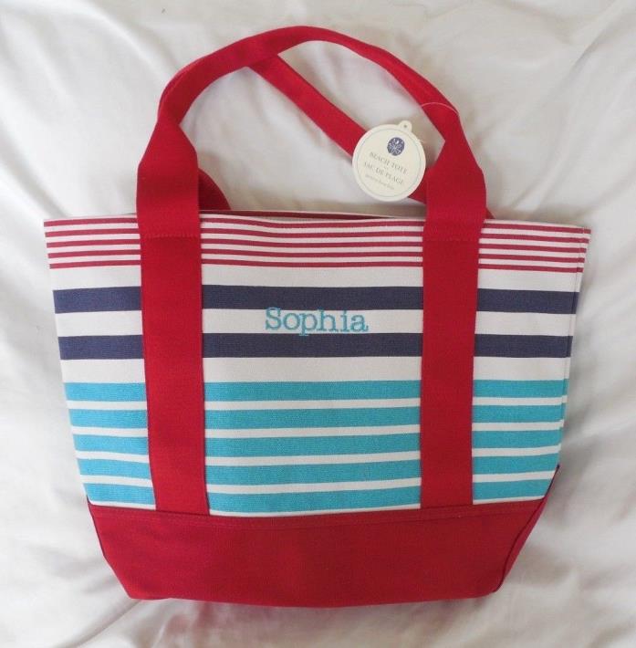 Pottery Barn Kids Large Red Navy & Teal Striped Canvas Beach Tote Bag Sophia NWT