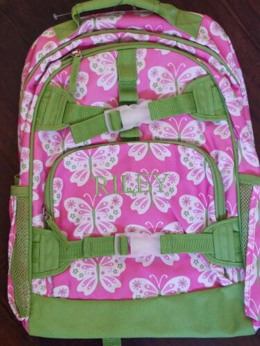 NEW POTTERY BARN KIDS LARGE PINK GREEN BUTTERFLY MONOGRAM RILEY BACKPACK