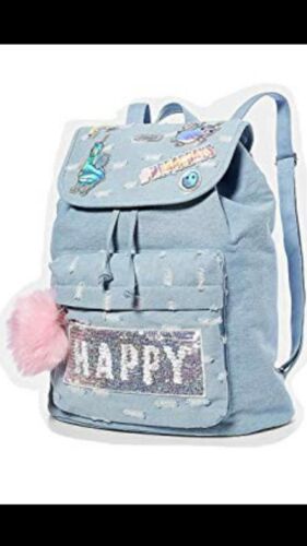 Justice Backpack Rucksack Flip Sequin Happy/Smile Denim Brand W/ Pink Pom Pom