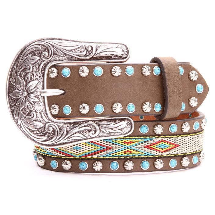 NEW Girl's Nocona Stitched Ribbon Overlay Brown & Turquoise Belt N4435244