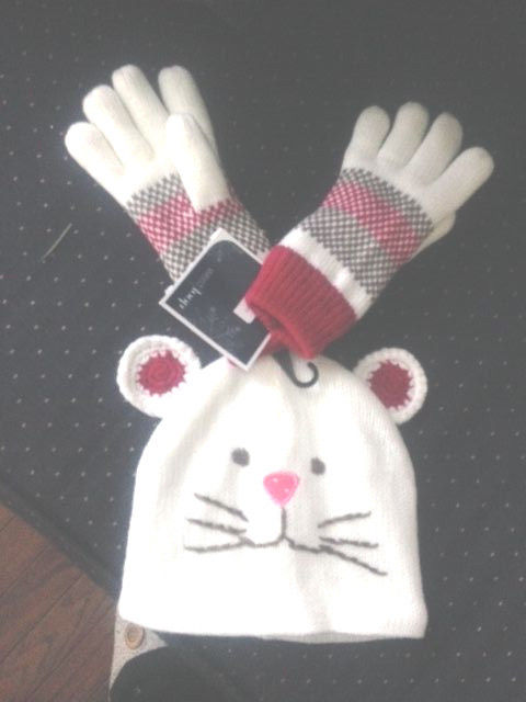 MATCHING WINTER HAT AND GLOVES SET KITTY CAT WHITE/PINK/BURGADY