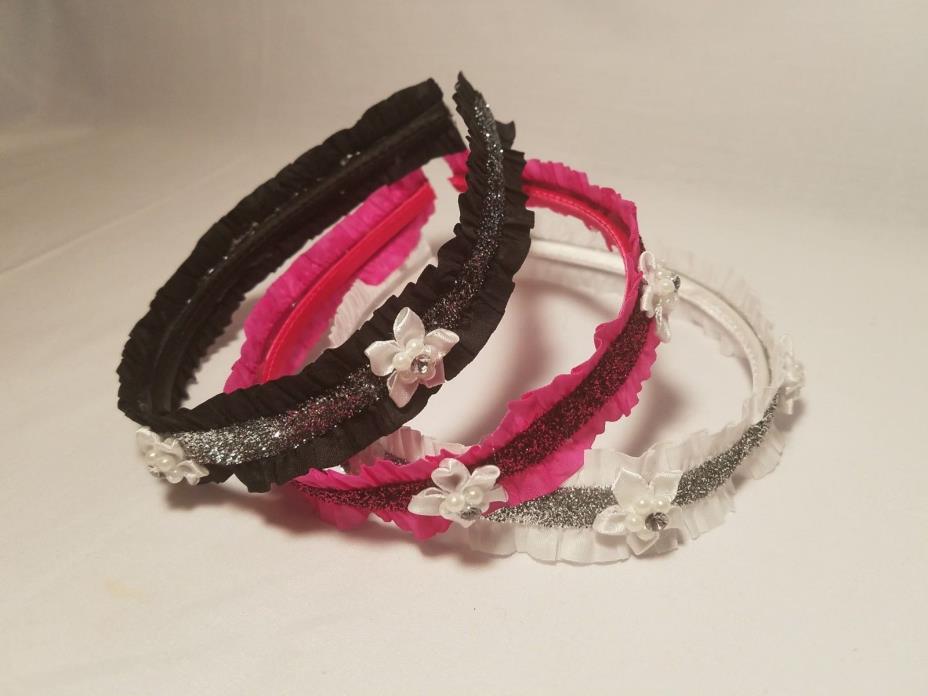 Girls Hairband / Headband - Flowers - Glitter - Pink - Black - White