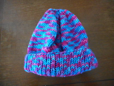 Hand knit/crochet girl's winter hat beanie multi-colored around size 6x