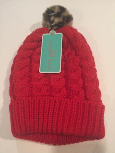 Girls Copper Key Knit Hat Red W/ Leopard Pompom