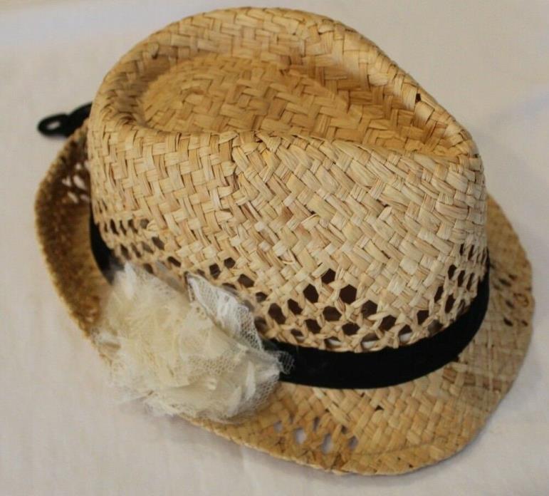 New LuLu Casual Summer Paper Straw Fedora Panama Hat with Black Band & Flower