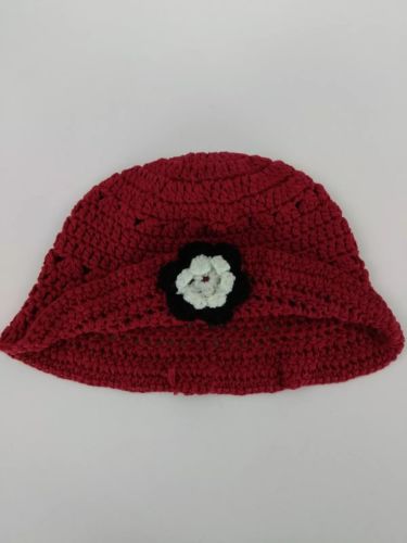 Crocheted hat handmade floral flower red black white youth girls