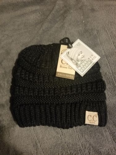 Black CC Kids Ponytail Messy Bun BeanieTail Soft Winter Knit Stretch Beanie Hat