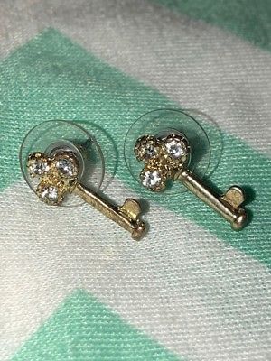 Pierced Post Earrings Rhinestone & Goldtone keys Stocking Stuffer NEW NWOT