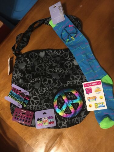 Claire’s Peace Purse Bag Socks Earrings Lot Justice Stickers Easter