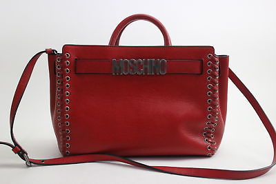 New $1099 Moschino Large Red Grained Leather Top Handle Handbag w/ Stitch Detail