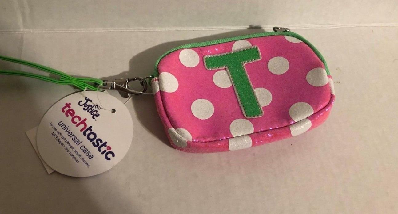 Justice TechTastic Universal Case/Wallet Letter T Sparkly Pink Green Dots NEW