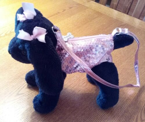 Poochie & Co. Plush Puppy Dog Purse Black Dog With Pink Sequins ADORABLE