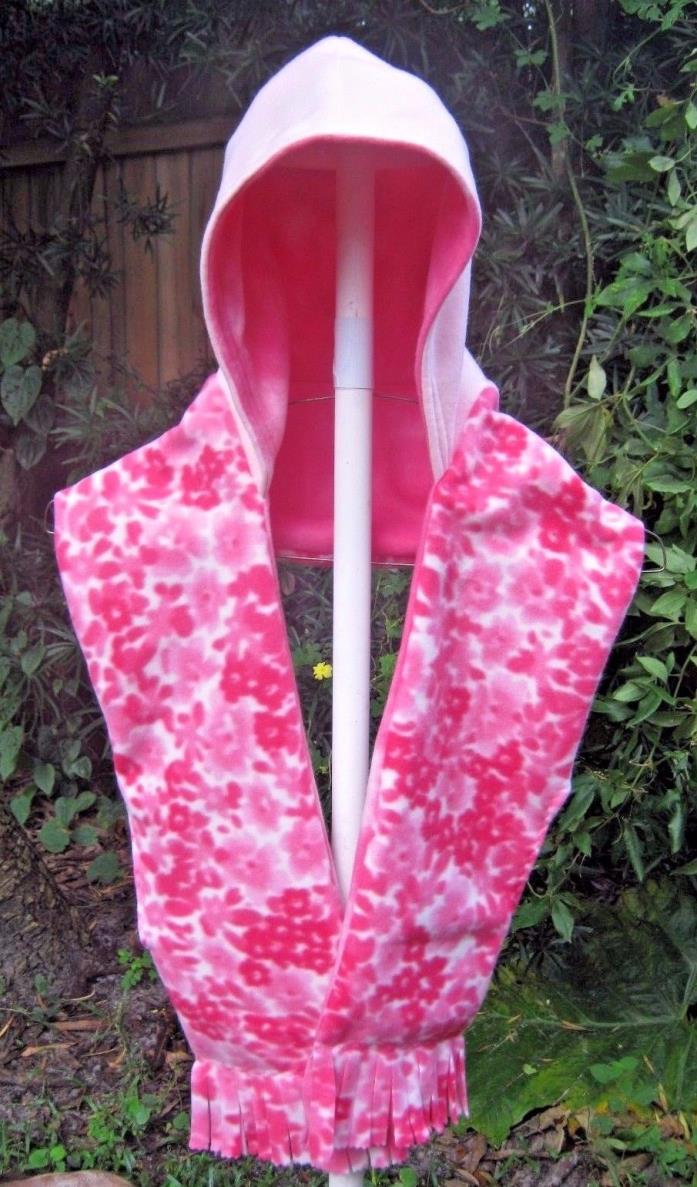 Hooded Pocket Scarf, Pink Flower Printed Fleece.Handmade.