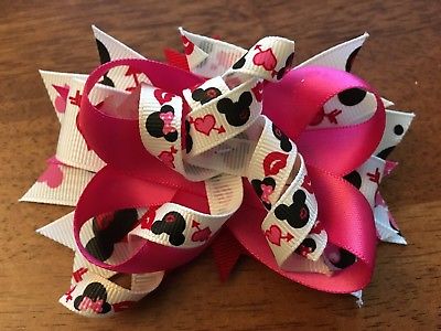 Mickey Minnie CUSTOM Valentine Red Pink Heart Bow Hair Clip NWOT  3 4 5 6 7 8