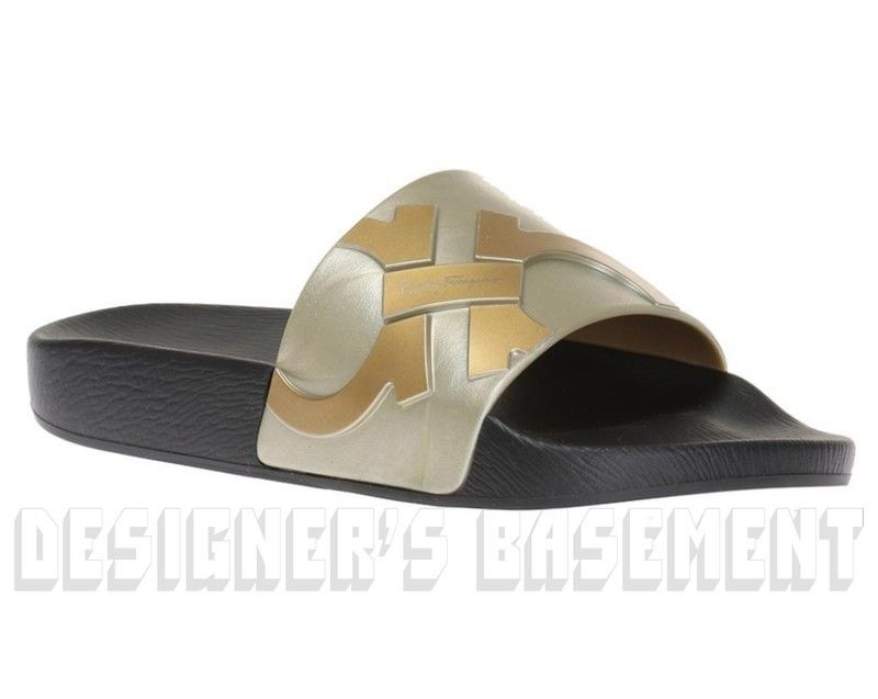SALVATORE FERRAGAMO men 9M metallic DANTE slides FLIP-FLOPS shoes NIB Authentic!