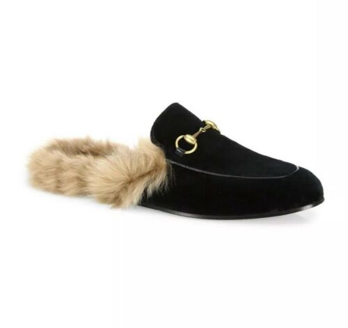 Gucci Princetown Black Velvet Fur Lined Horsebit Loafers Size 9EU/9.5US $890.00