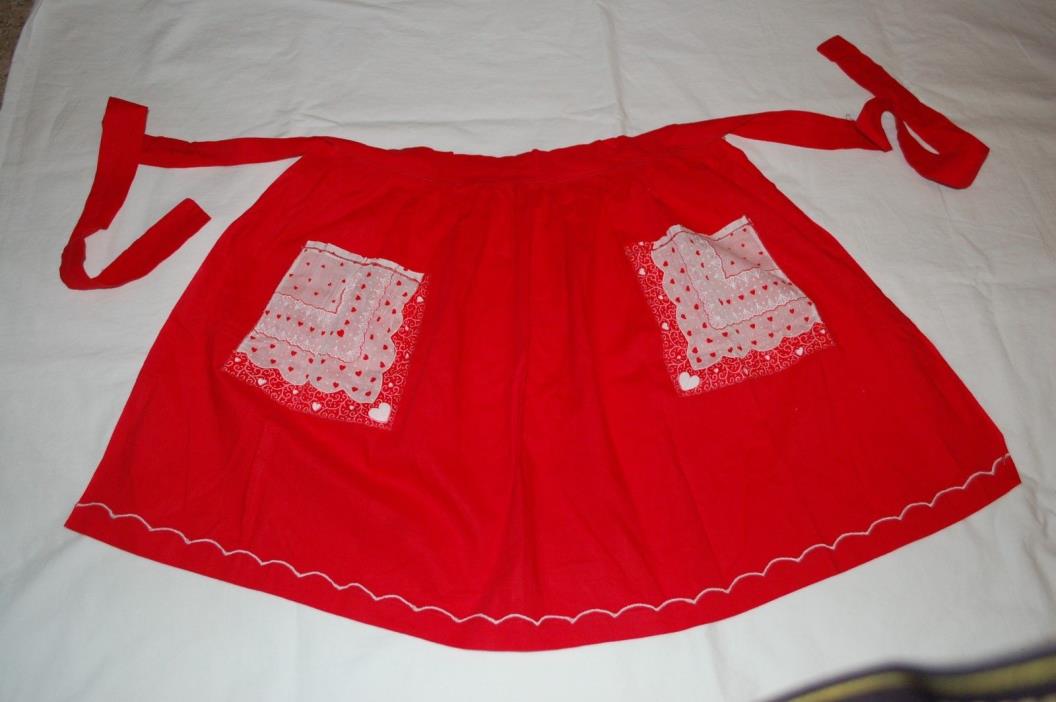 Vintage Valentine's Day Half Apron Red W/ Hearts Handkerchief Pockets Cute!!