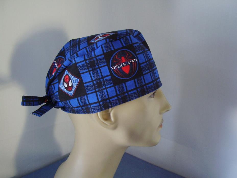 Scrub Hat Surgical Tieback Cap - Spiderman - Black/Royal Plaid - One size