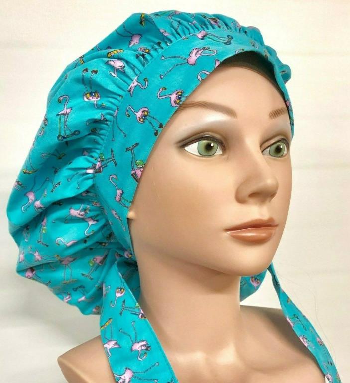 Scrub hat, Tie Back Bouffant with Full Band, Pink Flamingos on Turquoise