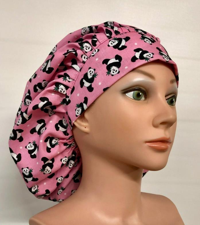 Scrub Hat, Banded Bouffant, Pandas on Pink, One Size