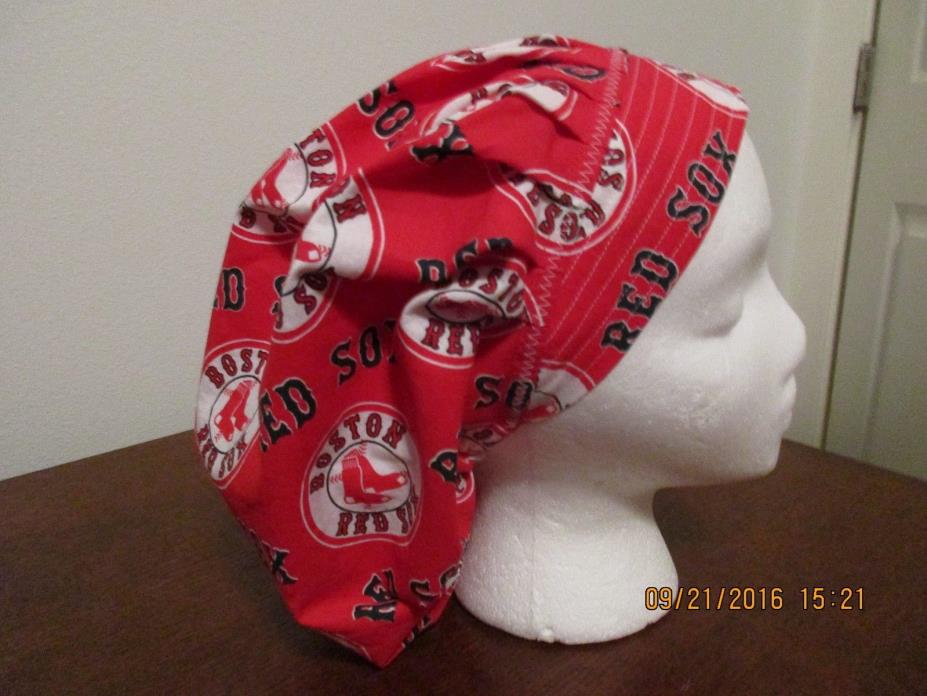 RED SOX DESIGNS ON BOUFFANT NURSES SURGERY SCRUB HAT, CHEMO, SURGERY TECH